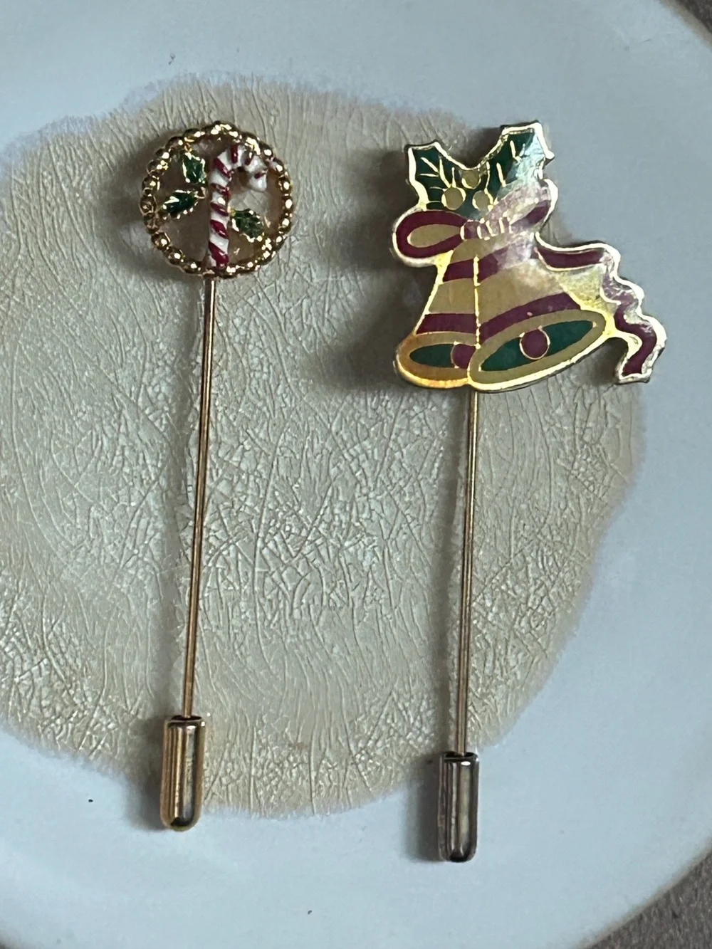 Christmas Stick Pins Gold & Enamel Holiday Bell & Holly Candy Cane CUTE - Lot 2